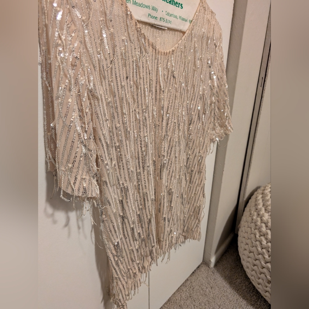Sequin Short Sleeve Evening Top - Cream - Picture 5 of 6